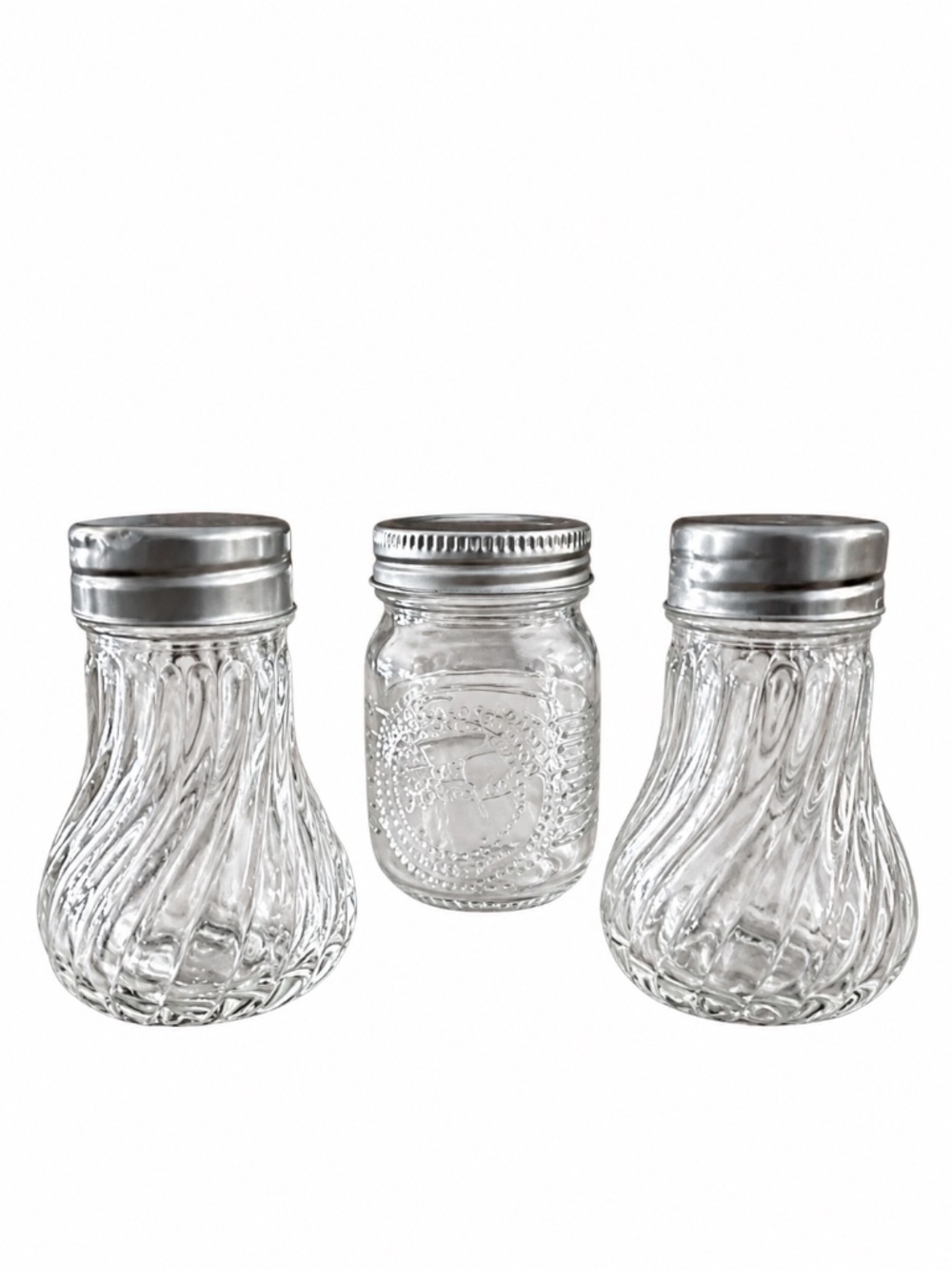 Vintage Glass Salt & Pepper Shakers with Mini Mason Like Jar